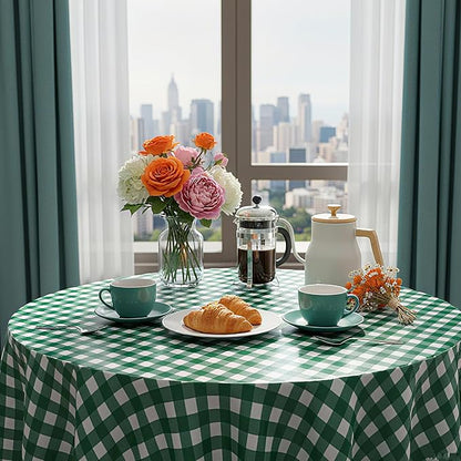 Disposable Checkered Tablecloth Round Plastic Buffalo Plaid Table Cloth 84'' Gingham Tablecover for Picnic Camping BBQ Graduation Party(Green White,3 Pieces)