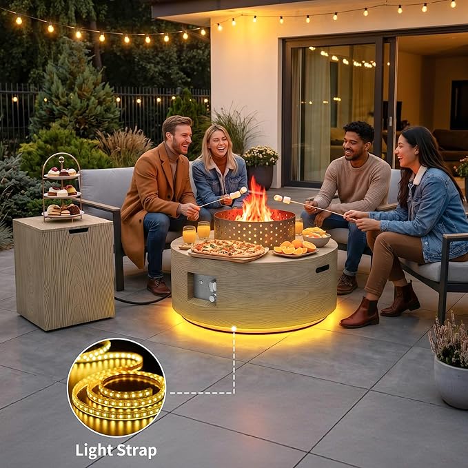 2-Piece Outdoor Propane Fire Pit Table Set w Tank Table 30'' Round Fire Pit Table w Wood Grain Firepit Table for Outside Patio Gas Fire Pit w 304 Stainless Steel Burner 50,000 BTU, Brown w Warm LED