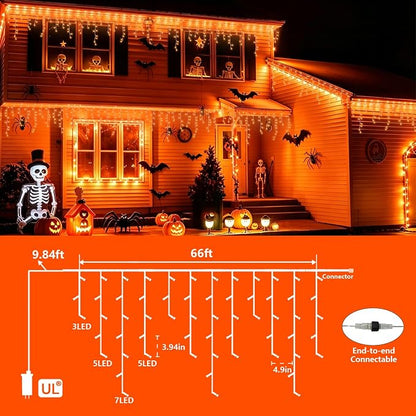 YEGUO 66ft 800 LED Orange Halloween Lights, Connetable Icicle Light Outdoor Waterproof, 8 Modes Christmas Lights Indoor Plug in for Thanksgiving House Patio Fall