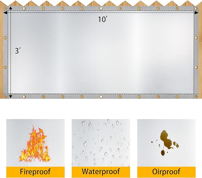 Heat Shield Behind Grill Silver Fireproof Cover and Screen Protect Deck Railing from Grill Heat Shield for Wood Stove, 3’x10’ Wall Protector for Fridge Waterproof BBQ Mat UV Resistant Privacy Screen
