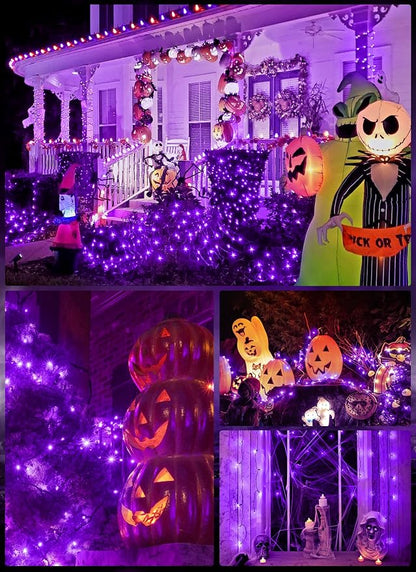 Minetom 2Pack Solar Halloween Lights Outdoor,Total 80FT 200LED String Light | Halloween Decoration Outdoor with 8 Modes, Black Wire, Waterproof Solar String Lights for Outside Tree Yard Party, Purple
