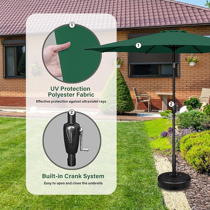 YSSOA 9' Patio Umbrella with 50lbs 20" Capacity Fillable Heavy Duty Round Base, 8 Sturdy Ribs, for Outdoor Lawn, Deck, Poolside, Green and Black