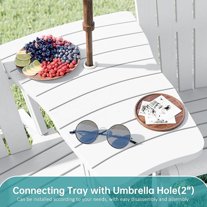 Shintenchi Adirondack Chairs Set of 2,HDPE Adirondack Chairs w/Removable Tablelop & Umbrella Hole,All-Weather Wooden Textured Plastic Outdoor Chairs w/Cup Holders for Garden Backyard Pool,White