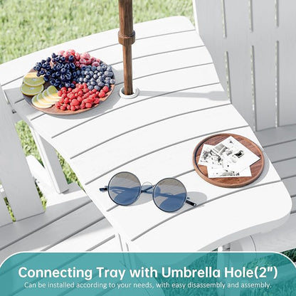 Shintenchi Adirondack Chairs Set of 2,HDPE Adirondack Chairs w/Removable Tablelop & Umbrella Hole,All-Weather Wooden Textured Plastic Outdoor Chairs w/Cup Holders for Garden Backyard Pool,White
