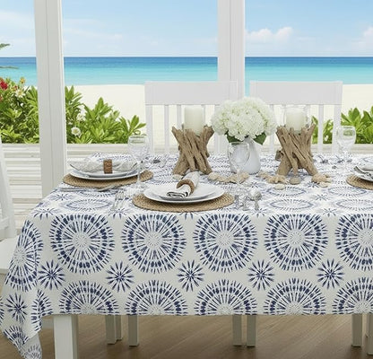 Newbridge Blue Tie Dye Vinyl Tablecloth, 60 x 120 Inch Rectangle – Flannel Backed Blue and White Table Cover for Dining, Picnics, BBQs, and Parties
