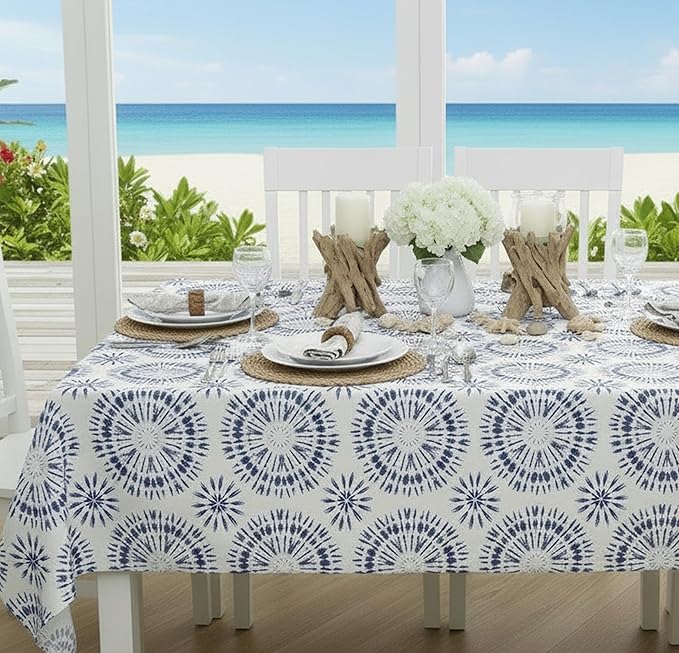 Newbridge Blue Tie Dye Vinyl Tablecloth, 60 x 102 Inch Rectangle – Flannel Backed Blue and White Table Cover for Dining, Picnics, BBQs, and Parties