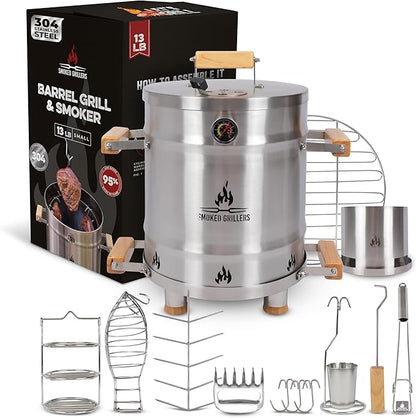 Barrel Smoker Grill Combo | 100% 304 Stainless Steel Barrel | 95% Less Smoke, Even Heat | Easy to Use & Clean – Vertical Smoker Ideal for Balconies and Backyards (SMALL-13 LBS)