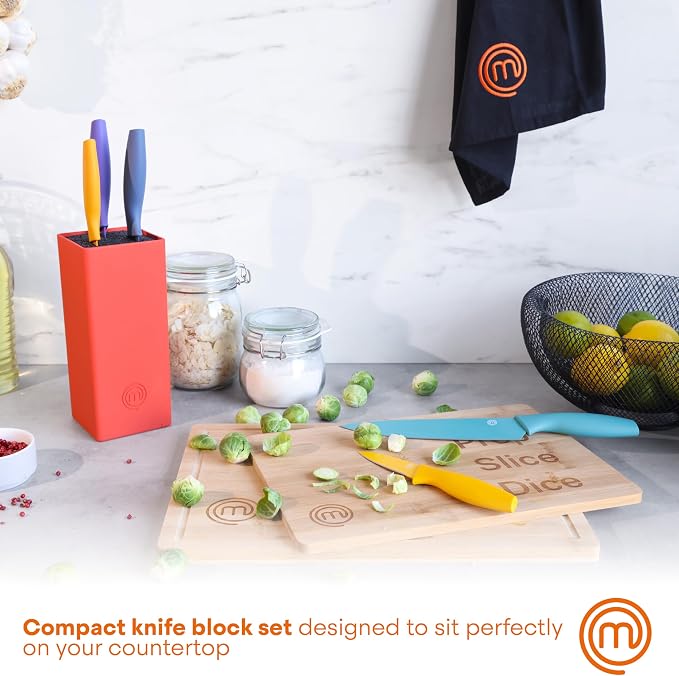 MasterChef Knife Set with Block, 7pc Kitchen Knives Set with Holder, Color | Knife Block Set with Sharp Stainless Steel Blades for Precise Cutting with Non Stick Coating & Soft Touch Easy Grip Handles