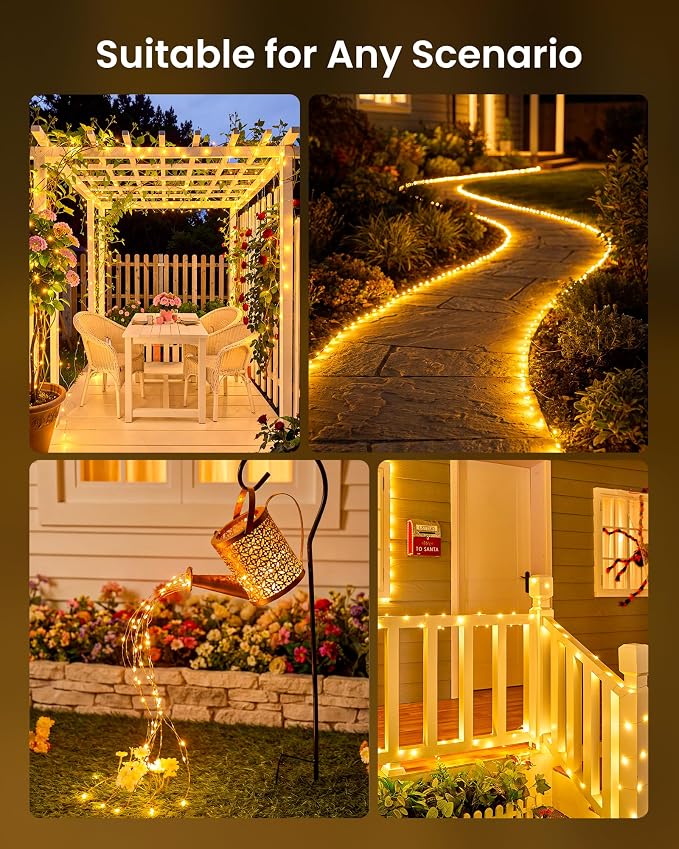 Minetom 2 Pack Solar Fairy Lights, Total 66 FT 200 LED Solar String Lights Outdoor Waterproof with 8 Modes, Christmas Lights for Outside Patio Fence Party Garden Yard Holiday Tree Decor (Warm White)