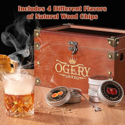 OGERY Cocktail Smoker Kit, Whiskey Smoker Kit with Smoking Gun, Old Fashioned Bourbon Smoker Box and 4 Flavors Wood Chips, Unique Anniversary Birthday Gifts for Men, Dad, Husband (No Butane)