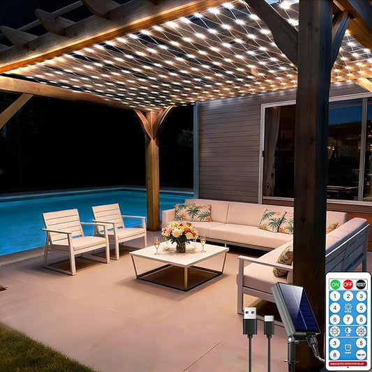 10ft x 10ft Solar Net Lights, 280LED Gazebo Mesh Lights Solar & USB Powered, Waterproof Netting Lights 8 Modes Clear Wire for Bushes Patio Garden Christmas Holiday Party Outdoor Decor (Cool White)