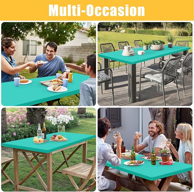 Rectangle Table Cloth, Waterproof Elastic Fitted Tablecloth for 6 Foot Folding Tables, Washable Polyester Tablecloths for Picnic, Camping, Outdoor (Aqua, 30"x72")