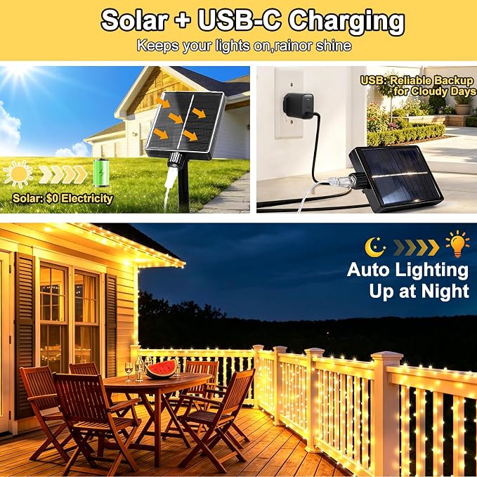 KNONEW 203FT 600LED Solar Fairy String Lights Outdoor Warm White 8 Modes | 8 Modes IP44 Waterproof Copper Wire Extra Long for Garden Patio Yard Christmas Wedding Party Indoor Outdoor