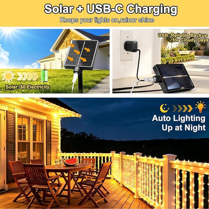 KNONEW 203FT 600LED Solar Fairy String Lights Outdoor Warm White 8 Modes | 8 Modes IP44 Waterproof Copper Wire Extra Long for Garden Patio Yard Christmas Wedding Party Indoor Outdoor