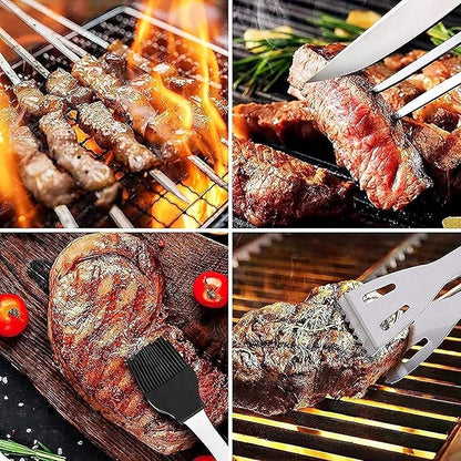 20 Pcs Stainless Steel BBQ Grill Tools Set, Heavy Duty Outdoor Barbecue Utensils Kit with Spatula, Tongs, Fork, Skewers, Meat Thermometer & Storage Bag for Camping, Backyard, Picnic