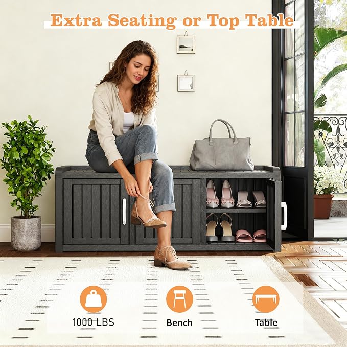NUNU LAB Resin Shoe Cabinet,Waterproof Shoe Storage Cabinet with Adjustable Shelves,Entryway Storage Bench with Seat,Shoe Bench with Doors for Foyer,Hallway,Living Room (Black, 3-Door)