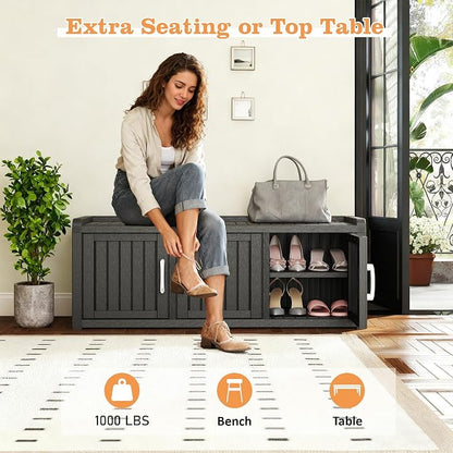 NUNU LAB Resin Shoe Cabinet,Waterproof Shoe Storage Cabinet with Adjustable Shelves,Entryway Storage Bench with Seat,Shoe Bench with Doors for Foyer,Hallway,Living Room (Black, 3-Door)