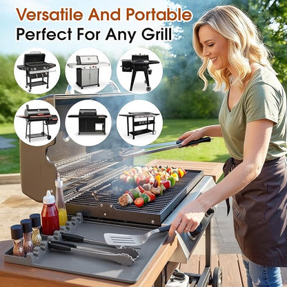 Silicone Grill Mats Compatible with Blackstone, Spatula Tools Mat with Drip Pad, Griddle Mats BBQ Grill Accessories, Side Shelf Pad for Kitchen Counter Outdoor Grill, Easy-to-Clean, Grey