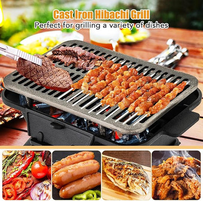 Moccha Cast Iron Hibachi Grill, Tabletop Charcoal Grill with Double-sided Grill Gate, Air Regulating Door, 2 Height, Grill Grate Lifter, Portable BBQ Grill Oven for Outdoor Camping, Picnic