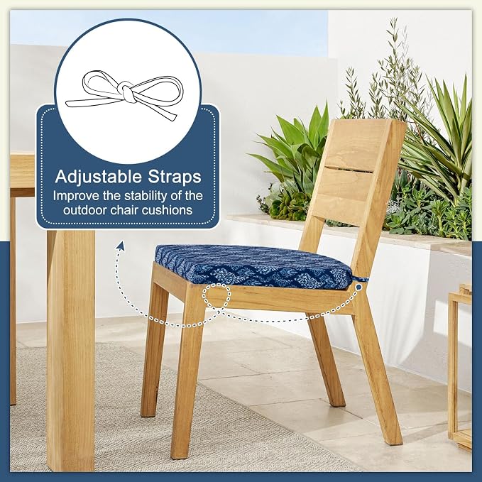 Cozyide Outdoor Chair Cushions, Waterproof Patio Seat Cushions with Adjustable Straps, Round Corner Patio Chair Cushions for Garden, Indigo Badge, 17x16x2 Inch (Pack of 4)