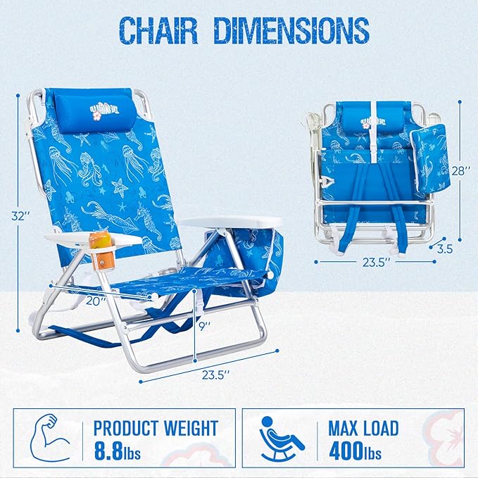 Old Bahama Bay Backpack Beach Chair, Aluminum Lightweight Reclining 5-Position Lounge Chair for Adults Heavy Duty Support 400 LBS Portable Folding with Cooler Bag Camping Chair for Sand Outdoor