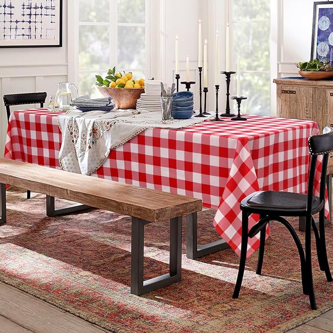 Hiasan Red and White Buffalo Checkered Tablecloth Waterproof, 2 Pack, 60 x 120 inch - Plaid Table Cloth Rectangle for Kitchen/Outdoor Picnic/Dining/Spring Party