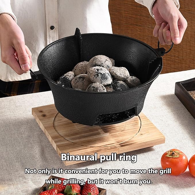 Removable Round Charcoal Barbecue Grill Hibachi Grill Portable Desk Tabletop BBQ Grill with Handle Wooden Anti-scalding Baseplate for Camping Picnics Garden Beach Party(Medium)