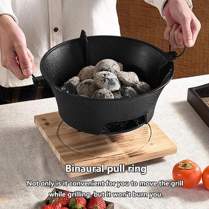Removable Round Charcoal Barbecue Grill Hibachi Grill Portable Desk Tabletop BBQ Grill with Handle Wooden Anti-scalding Baseplate for Camping Picnics Garden Beach Party(Medium)