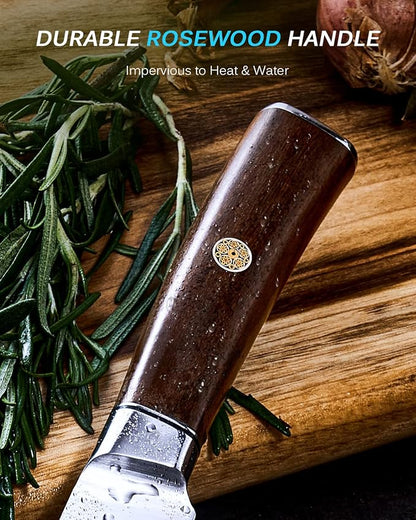 KYOKU 12" Slicing Knife, Daimyo Series Brisket Knife for Meat Cutting with Rosewood Handle, Japanese Style 440C Stainless Steel Meat Carving Knife for BBQ Turkey Ham Rib Roast with Sheath and Case