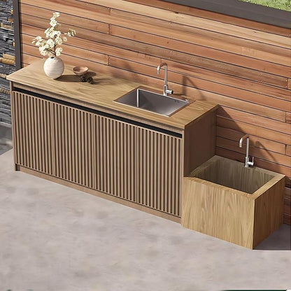 87IN Outdoor Kitchen Cabinet - Kitchen Cabinet with Countertop Includes Stripe Design & Mop Pool,Outdoor Table with Aluminum Alloy,Stainless Steel Sink and Slate Countertop,Hidden Handle