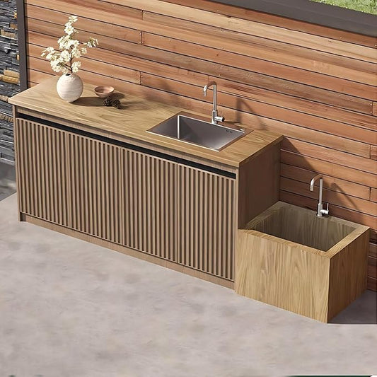 87IN Outdoor Kitchen Cabinet - Kitchen Cabinet with Countertop Includes Stripe Design & Mop Pool,Outdoor Table with Aluminum Alloy,Stainless Steel Sink and Slate Countertop,Hidden Handle