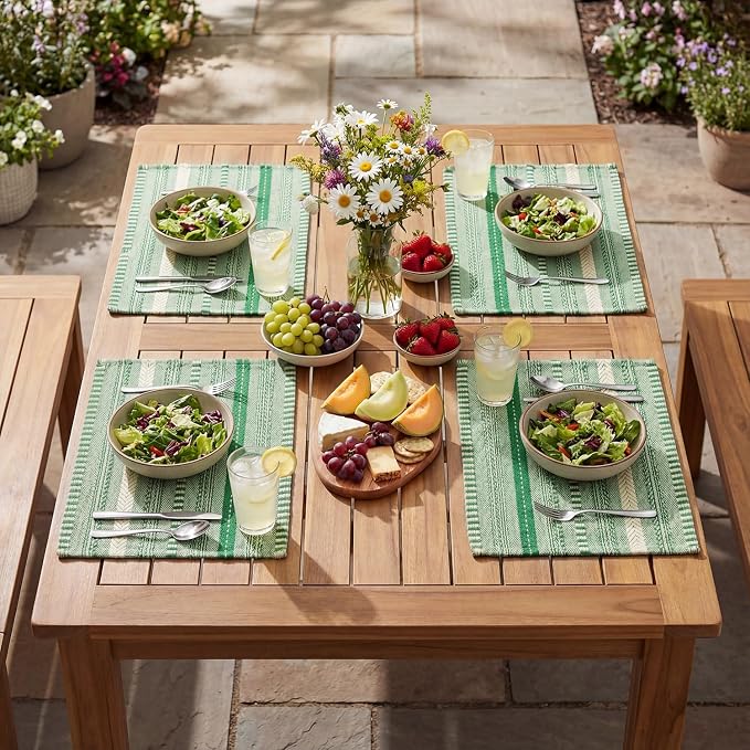 Artoid Mode Emerald Farmhouse Woven Braided Stripe Placemats Set of 6,12x18 Inch Seasonal Holiday Table Mats Party Kitchen Dining Decoration