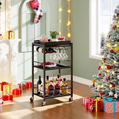 TUTOTAK Bar Cart with Wheels, Mini Drink Cart with Wine Rack & Glass Holder | 3-Tier 17 Inch Wide Home Bar Serving Carts, Small Mobile Kitchen Shelf with 6 Hooks, Black BC01BK036