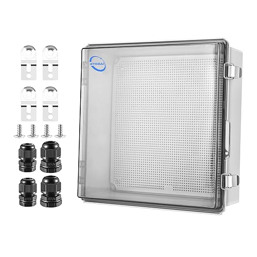 RTHIEAI Waterproof Outdoor IP67 Junction Box (13"x13"x5.1") with Mounting Plate, Hinged Clear Cover and Wall Brackets - Weatherproof ABS Plastic Electrical Enclosure for DIY Projects (330x330x130mm)