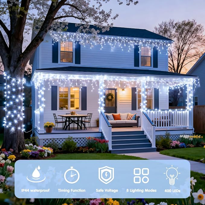 JMEXSUSS 38.8ft 400 LED White Icicle Lights for Outside | Connectable Christmas Icicle Lights Outdoor Indoor Plug in, String Lights for House Patio Party Room Eave Decorations
