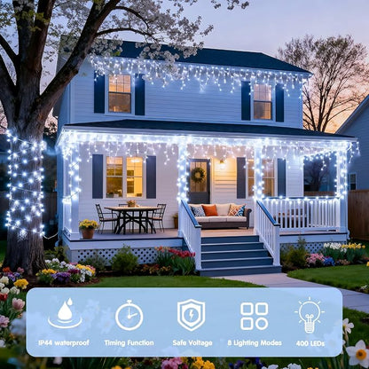 JMEXSUSS 38.8ft 400 LED White Icicle Lights for Outside | Connectable Christmas Icicle Lights Outdoor Indoor Plug in, String Lights for House Patio Party Room Eave Decorations
