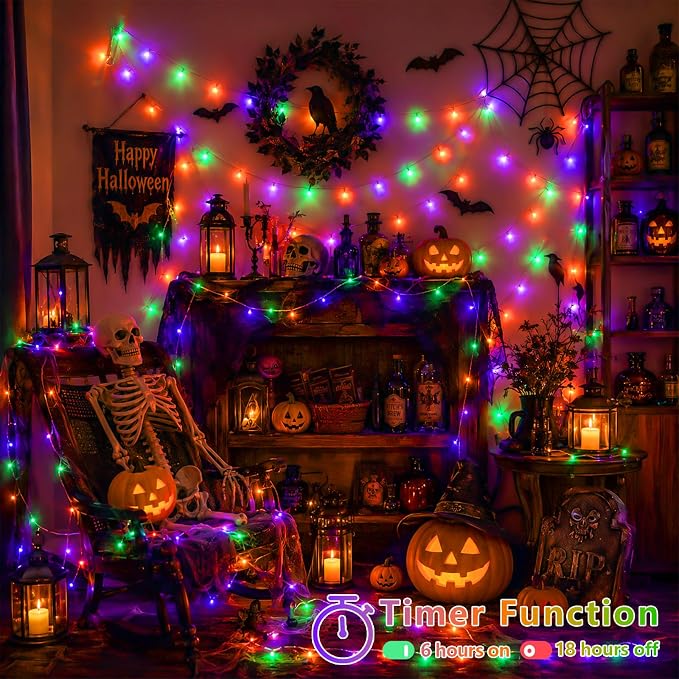 YEGUO 165ft 500 LED Halloween String Lights, Clear Wire Christmas String Lights Indoor, 8 Modes Twinkle Tree Lights Plug in with Timer Memory(Orange Purple and Green)