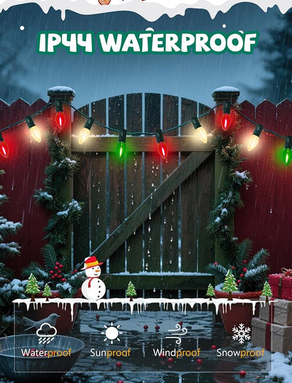 C7 LED Red White and Green Christmas Lights, 26Ft Vintage Outdoor Christmas String Lights with 27 LED Colored Bulbs, Connectable Hanging Xmas Decorations Lights for Roofline House Garden Patio Party