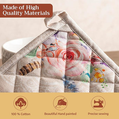 Maison d' Hermine Pot Holders 100% Cotton Heat Resistant Potholders 8" x 8" Hot Pads with Loop BBQ Cooking Baking Hotel Farmhouse Kitchen Handling Hot Pans Spring Summer (Pack of 1, Ibiza - Beige)