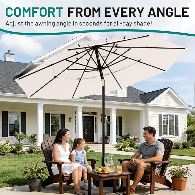 AreShark 9ft 3-Tier Patio Umbrellas, Outdoor Umbrella with 8 Sturdy Ribs UV Protection Windproof, Market Table Umbrella w/Push Button Tilt & Crank for Pool, Porch, Deck, Garden(Cream White)