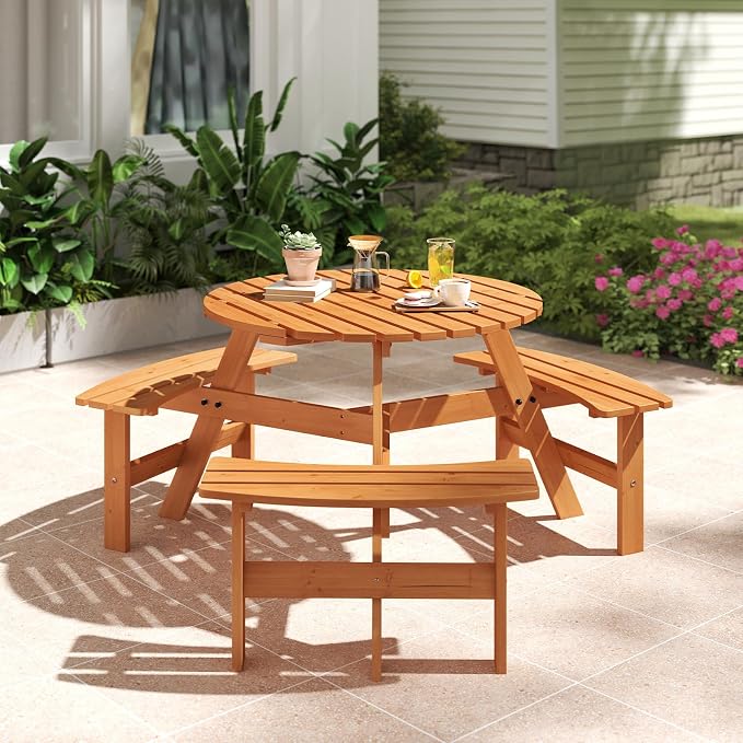 Tangkula 6-Person Wood Picnic Table, Outdoor Round Table and Bench Set with 3 Built-in Benches, Umbrella Hole, Perfect for Outside, Patio, Garden, Backyard, Porch (6-Person,Yellow)