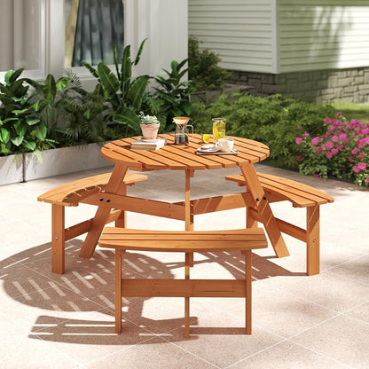 Tangkula 6-Person Wood Picnic Table, Outdoor Round Table and Bench Set with 3 Built-in Benches, Umbrella Hole, Perfect for Outside, Patio, Garden, Backyard, Porch (6-Person,Yellow)