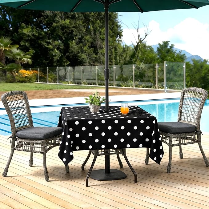 Poise3EHome Square Outdoor Tablecloth with Umbrella Hole and Zipper,Black Dot 60x60 Inch,Polyester SpillProof Washable Table Cloth for Spring Summer Patio Garden Poolside Picnic Camping BBQS