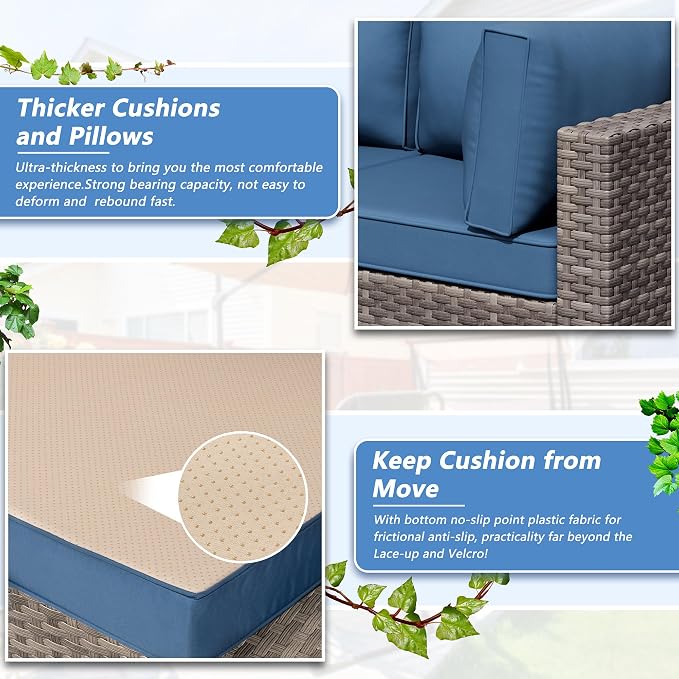 7 Piece Outdoor Patio Furniture Set,Natural PE Rattan Wicker Sectional Sofa, All Weather Conversation Set with Washable Cushions & Glass Coffee Table for Backyard Poolside Garden Porch,Navy Blue