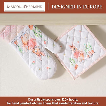 Maison d' Hermine 100% Cotton Oven Mitt & Pot Holder Set (7.5"x13" & 8"x8") Heat Resistant BBQ Cooking Gloves with Loop Baking Grilling Kitchen Hotel Home Farmhouse Spring Summer (Bunny Party)