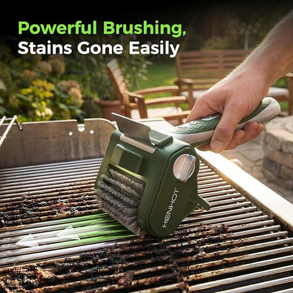 Electric Grill Brush - Heavy Duty Cordless BBQ Grill Cleaning Brush with High Torque, LED Light, Detachable Stainless Steel Head, Support Roller, for Outdoor Cast Iron & Stainless Steel Grates
