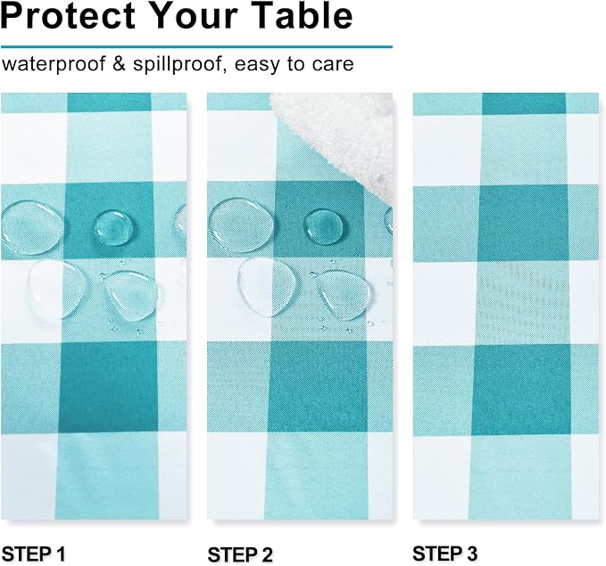 Hiasan Checkered Tablecloth Rectangle - Waterproof and Wrinkle Resistant Table Cloth for Picnic, Dinner and Party, Washable Polyester Fabric, 54 x 80 Inch, Turquoise and White Gingham Pattern