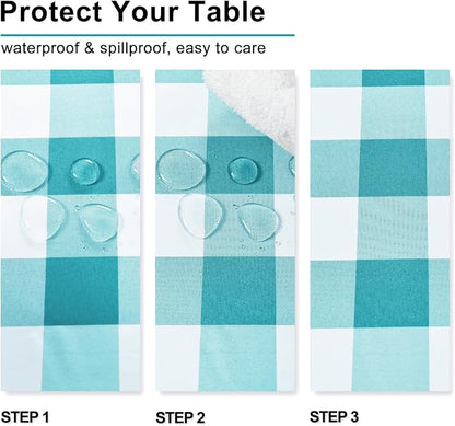 Hiasan 60 x 102 Inch Checkered Tablecloth Rectangle - Waterproof, Wrinkle Resistant and Washable Gingham Table Cloth for Outdoor Picnic, Kitchen and Holiday Dinner, Turquoise and White