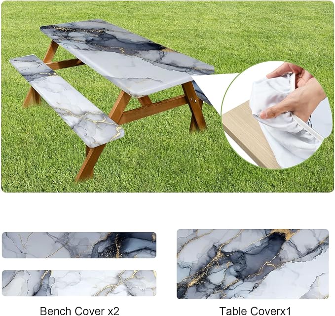 FOREVER QUEEN Picnic Table Cover with Bench Covers 72in,Waterproof Windproof Fitted Tablecloth,White Marble with Gold Veins Camping Essentials with Drawstring Bag for Patio,Park & Backyard