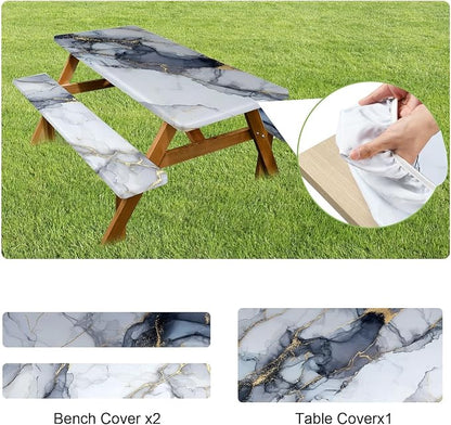 FOREVER QUEEN Picnic Table Cover with Bench Covers 72in,Waterproof Windproof Fitted Tablecloth,White Marble with Gold Veins Camping Essentials with Drawstring Bag for Patio,Park & Backyard
